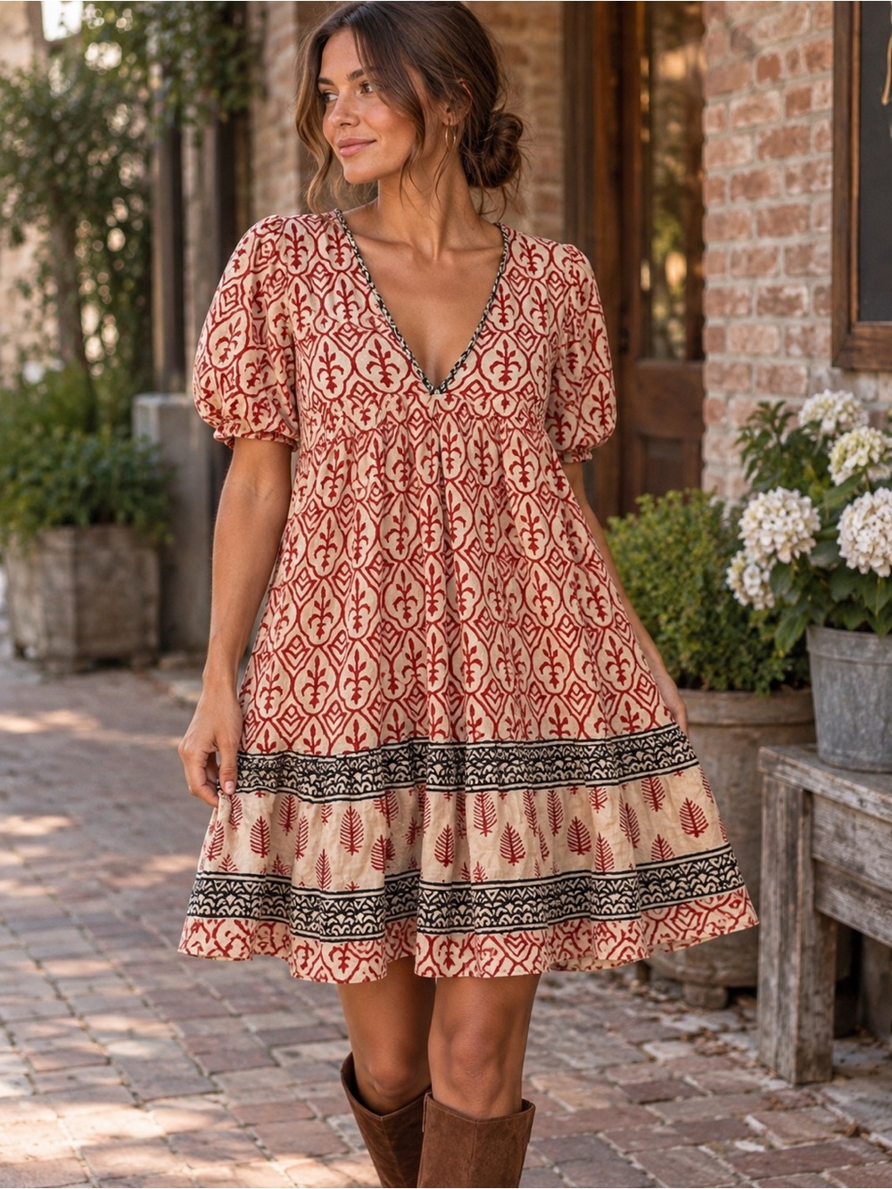 Vintage Ibiza Block Print Boho Mini Dress Small Puff Sleeve Lined